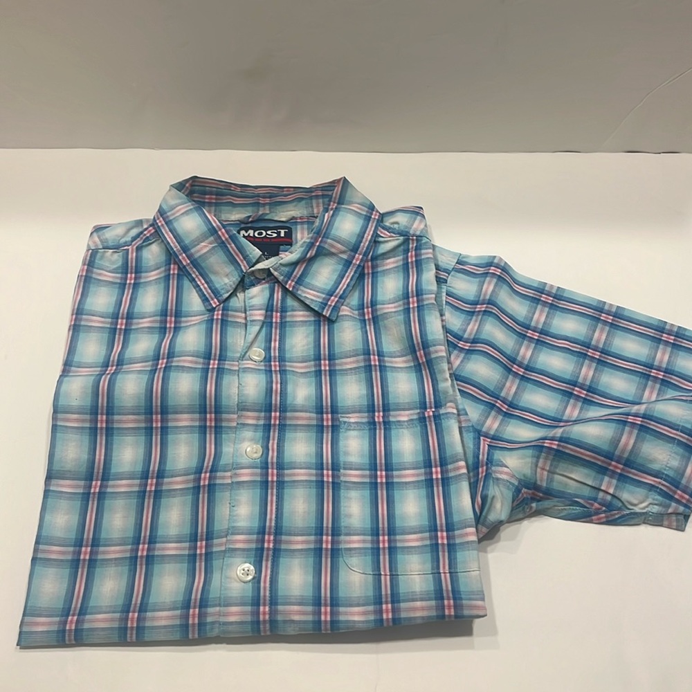 Most short sleeve, dress shirt, baby blue with light pink color, size large